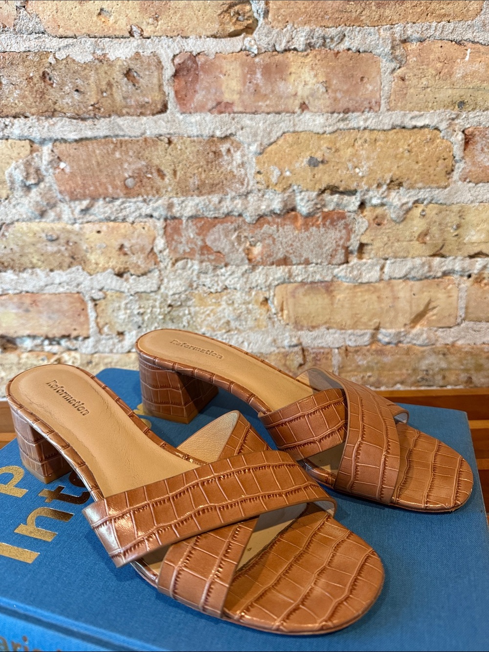 Reformation Croc Embossed Criss-Cross Heeled slide sandal 9.5